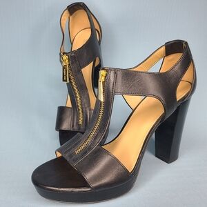 Michael Kors Zip Front Platform Block Heel Sandals Black Leather Size 8